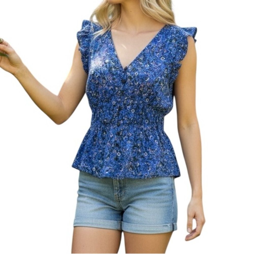 Old Navy Royal Blue Floral Ruffle Blouse Size Small Smocked V-Neck Peplum Hem